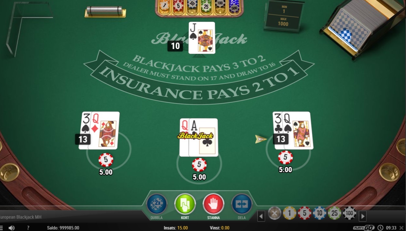 skärmdump från blackjackspel online